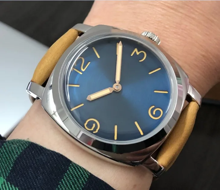 Blue dial 47 мм GEERVO синий или оранжевый Циферблат Азиатский 6497 17 jewels механические ручные мужские часы механические часы 0159A - Цвет: Blue dial