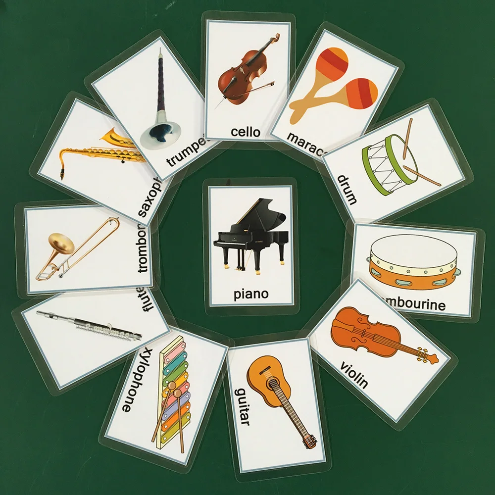 12 шт./компл. карточки английские слова карты памяти Музыкальные инструменты