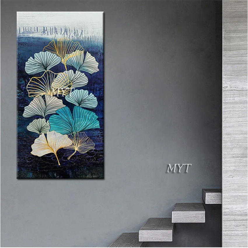 Textured Gold Lines Abstract Ginkgo Flower Canvas Oil Painting Modern New Arrival Hand-painted Wall Art Decor For Living Room | Дом и сад
