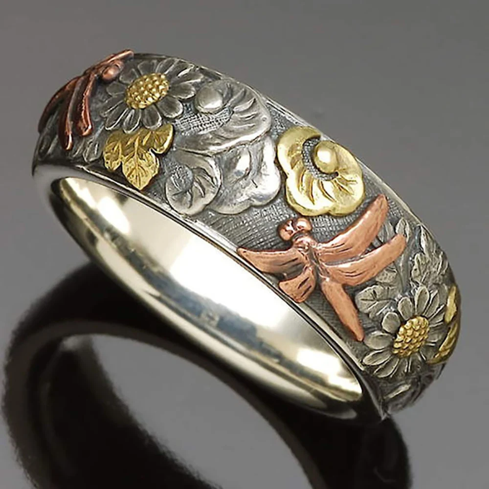 

Vintage Carved Ring Women Personality Sunflower Dragonfly Antique Ring Bridal Wedding Engagement Ring Jewelry Anniversary Gift