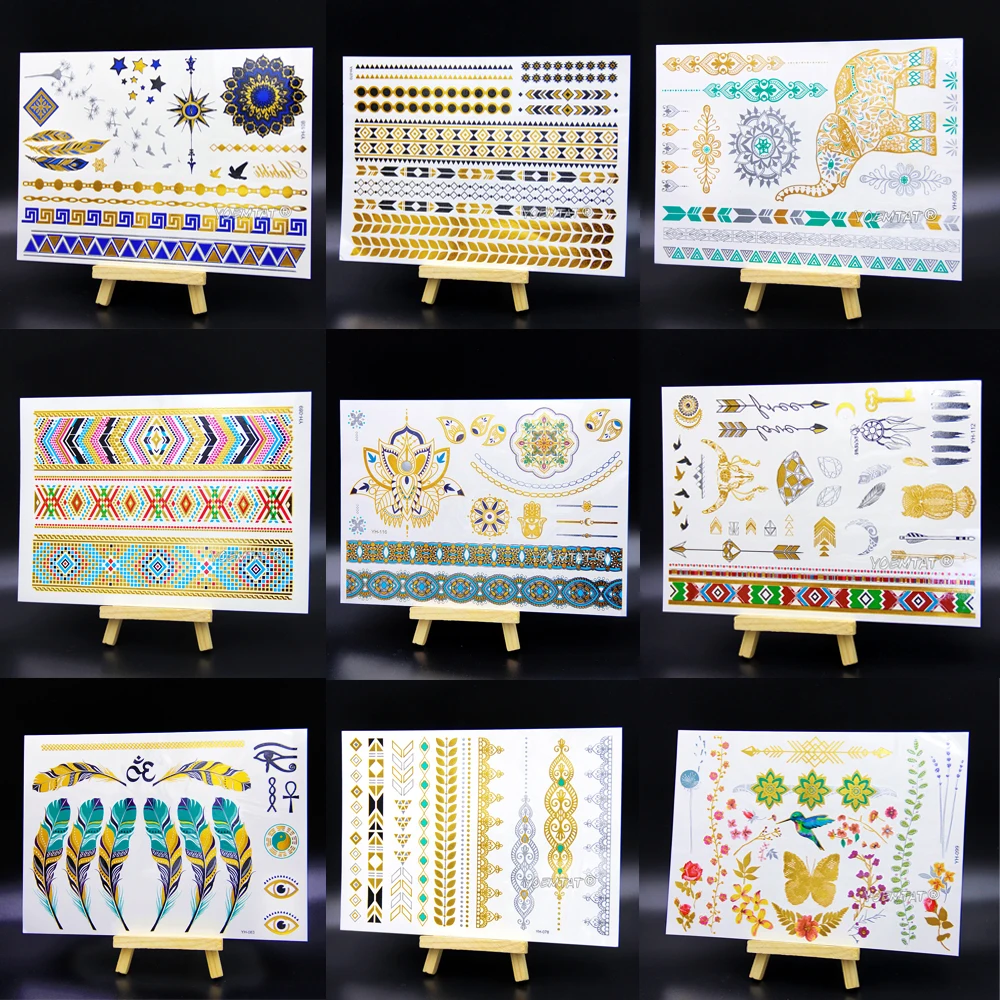 

Waterproof Temporary Tattoo Women Henna Body Arm Art Fake Flash Tatoos Gold Silver Metallic Tatoo Stickers Girl Bracelet Wrist