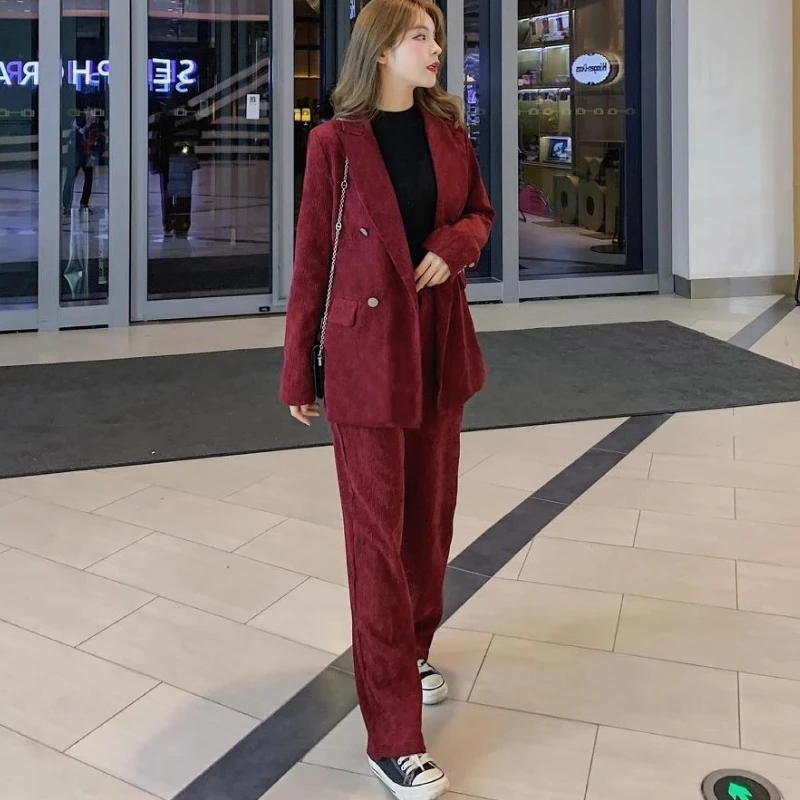 

Vintage Corduroy Women Blazer Suit Female 2 Pieces Set Double-Breasted Jacket & Long Pant 2020 Spring