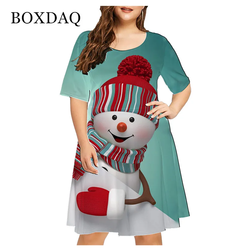 

4XL Plus Size Casual Cute Cartoons 3D Printing Dress 2021 Woman Party Christmas Snowman Dress Fashion Short Sleeve Loose Dress