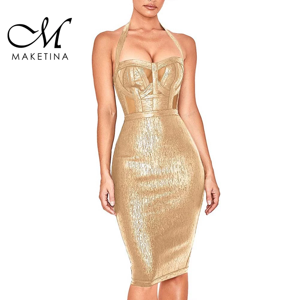 Maketina новое летнее Бандажное Платье женское сексуальное Золотое Бандажное платье без рукавов Мини модное вечернее Бандажное платье