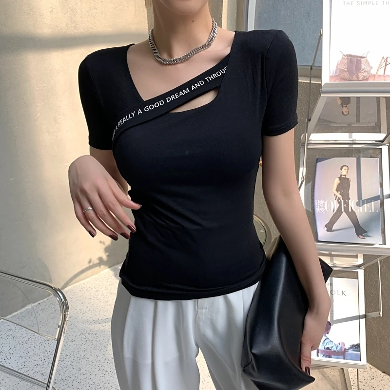 

Women High Street Fashion Skinny Elastic Summer T-shirts Chic Letters Hollow Out U Neck Tees Casual Cotton Female Tops White Pop
