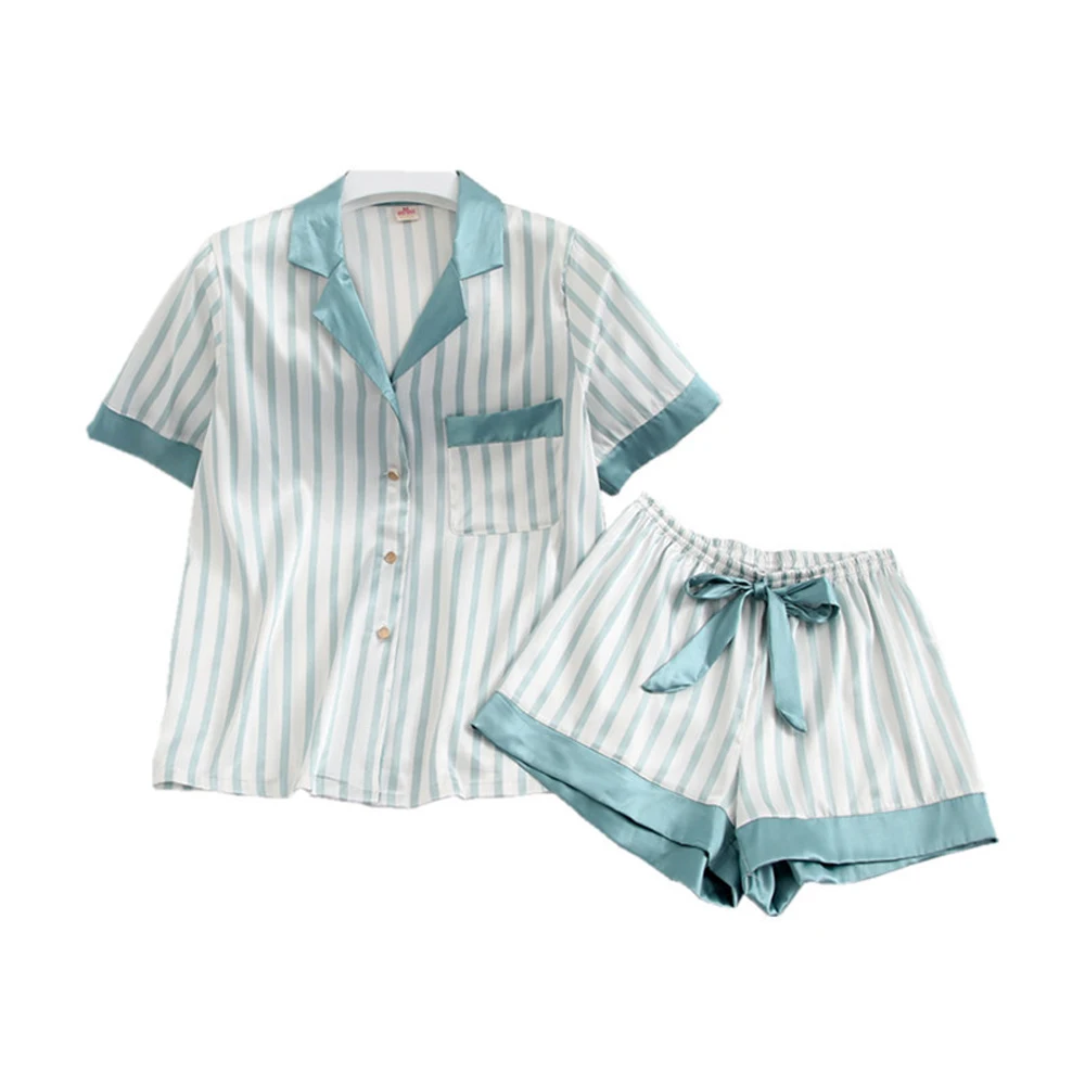 

Летние милые полосатые женские пижамы, шелковые тонкие дышащие короткие рубашки, шорты, костюмы, модная простая одежда для сна, домашняя оде...