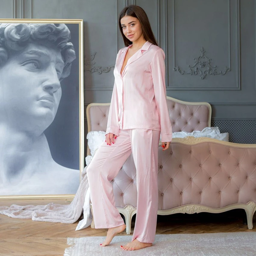 Пижама HiLoc Женская атласная с длинным рукавом и отложным воротником | одежда