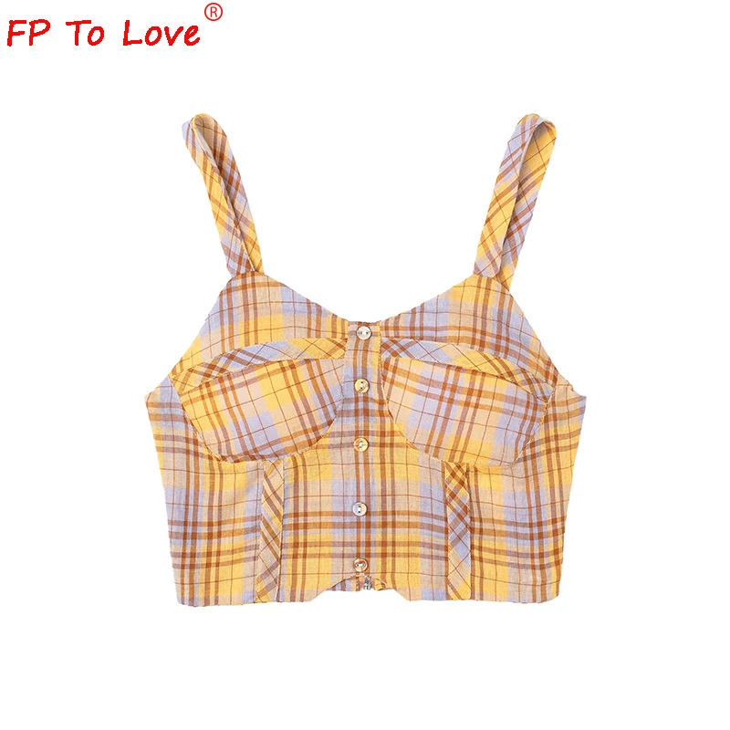 

FP TO LOVE Женская Желтая клетчатая короткая майка, Винтажный дизайн 2021, милые топы на молнии с пуговицами