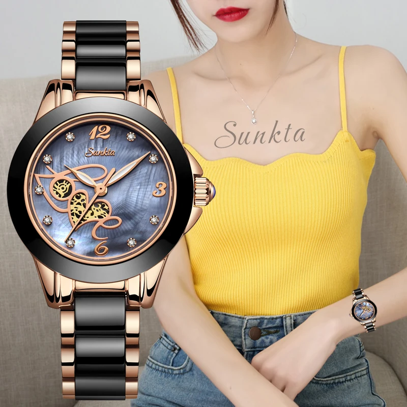 SUNKTA женские часы высокое качество стразы Роскошные розовое золото черные