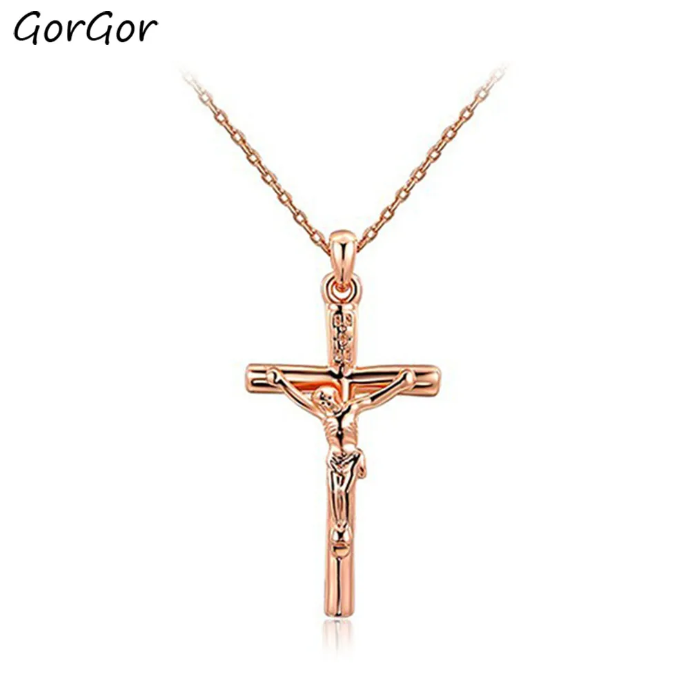 

GorGor Necklace Women Alloy Materil Pattern Cross Jesus Pendant Rose Gold Plated Vintage Individuality Party Jewelry 2030431310B