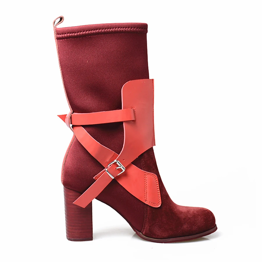 Kopen Prova Perfetto Nieuwste Stretch Sok Laarzen Lederen Gesp Ronde Neus Chunky Hoge Hak Chelsea Korte Laarzen Mujer Zapato