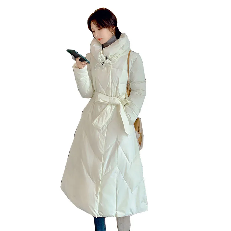 

Женское зимнее тонкое пальто, Толстая теплая куртка на белом утином пуху, элегантное Свободное длинное пальто с воротником-стойкой, новинка...