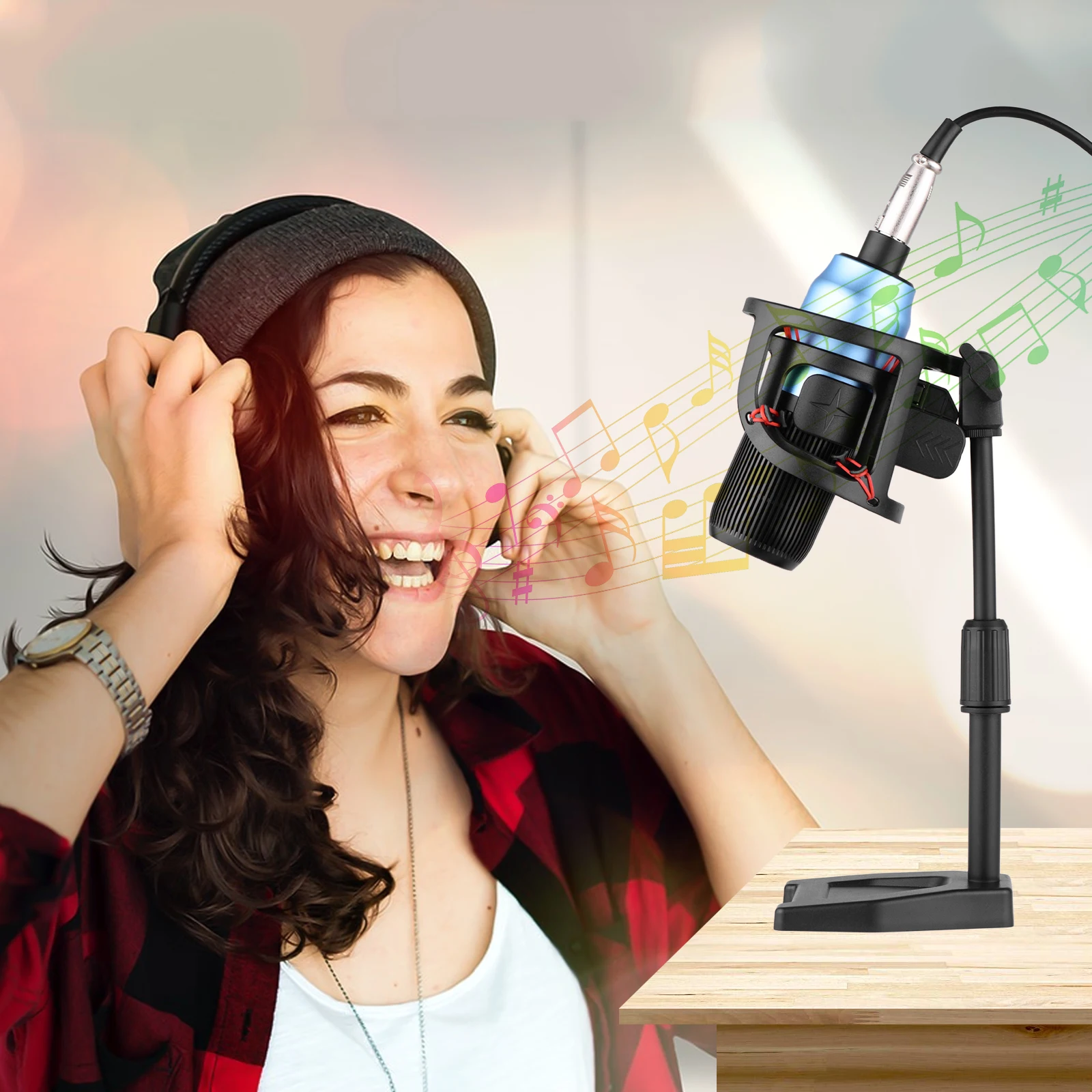 

Muslady Cardioid Condenser Microphone with Shock Mount Table Stand 3-pin XLR to 3.5mm TRS Cable Accessories