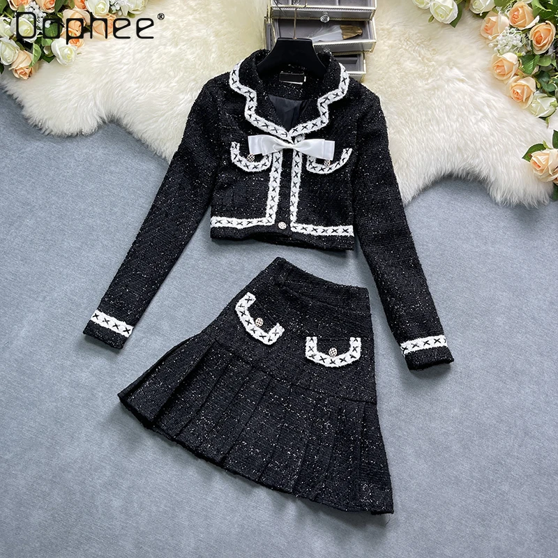 

Женский комплект из двух предметов, яркое шелковое льняное пальто и юбка, новое короткое пальто с бантом и плиссированная юбка на молнии сбо...