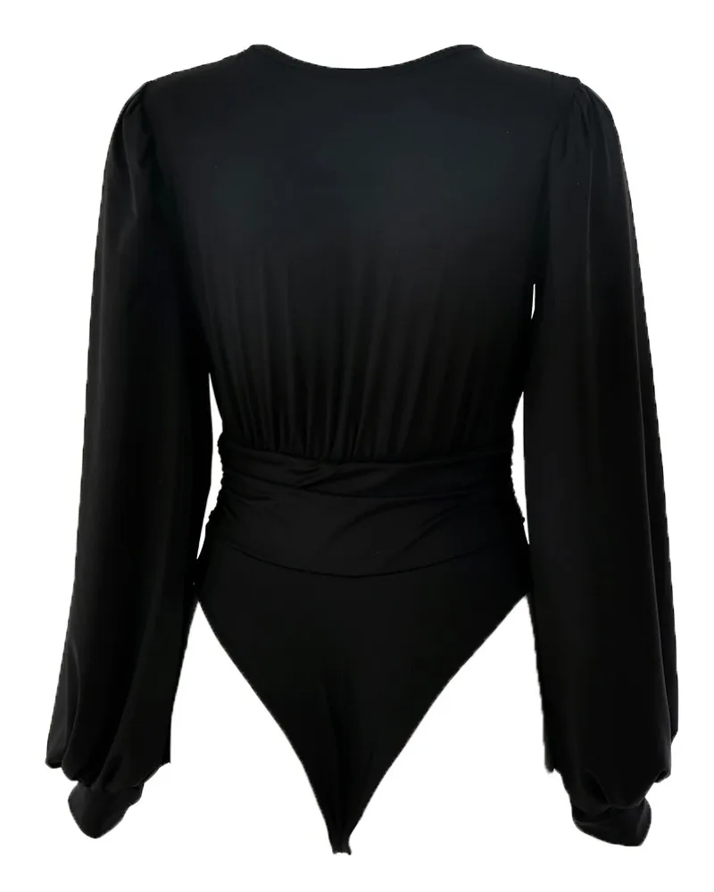 

Women Sexy Deep V Neck Plunge Puff Sleeve Ruched Bodysuit Elastic Skinny Playsuits