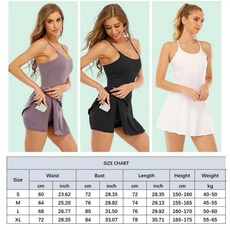 

Women Quick Dry Tennis Skirts Suit Good Skin Touch Stretchable One Piece Pockets Fitness Golf Tennis Dress With Shorts -40