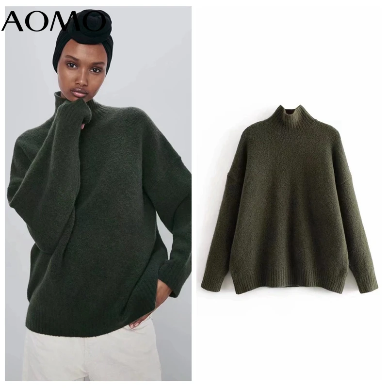 

AOMO Women Amy Green Turtleneck Knitted Sweater Jumper Female Elegant Oversize Pullovers Chic Tops 3H298A