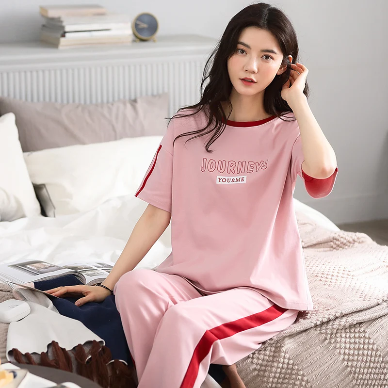 

Пижамный комплект женский с буквенным принтом, милый розовый пижамный комплект с коротким рукавом в Корейском стиле, тонкий прохладный дом...