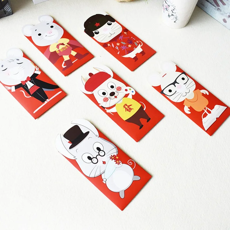 6 шт./компл. китайский новый год красный конверт для денег крысы пакет мешок