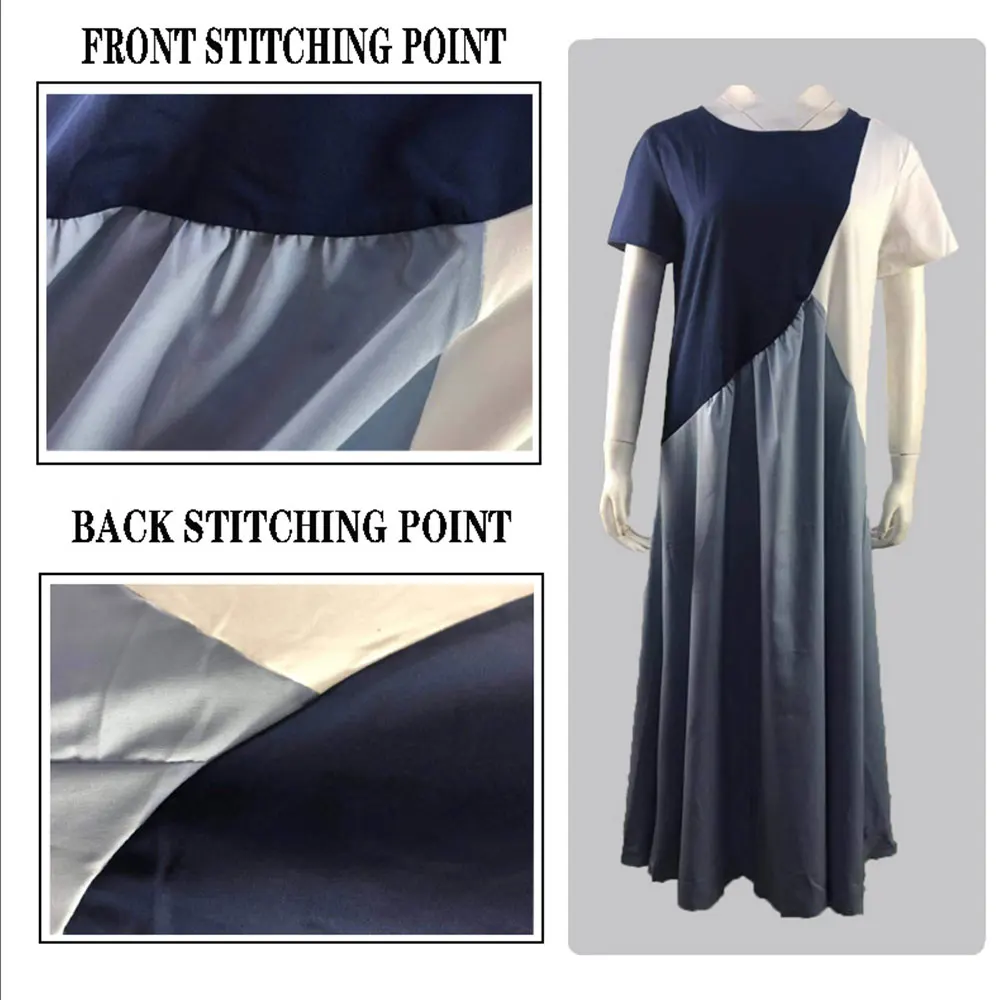 

Women Elegant Long Dress Splicing Color Contrast Irregular Short Sleeve Sunwear Cuasal Crew Collar Loose Retro Beachwear Chic