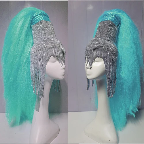 Lake Blue Wig Голографическая горящий человек блестящие стразы парик головной убор части головы рейв сценический танцор Dj певица одежда шляпа с кисточкой костюмы - Цвет: Lake Blue Wig