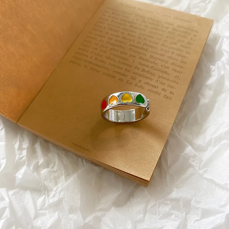

Vintage Bohemia Colorful Enamel Love Heart Cute Simple Metal Gold Silver Color Rings For Women Punk Rock Jewelry