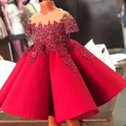 Милое красное платье с цветочным принтом для девочек на свадьбу, платье с круглым вырезом, кружевными бусинами и аппликацией длиной до колена для девочек, детское платье на день рождения