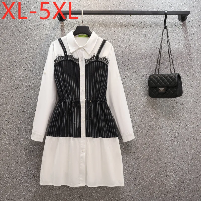 

2021 Autumn Plus Size Dresses For Women Fake Two Piece Striped Print Patchwork Drawstring Oversized Dress XL 2XL 3XL 4XL 5XL