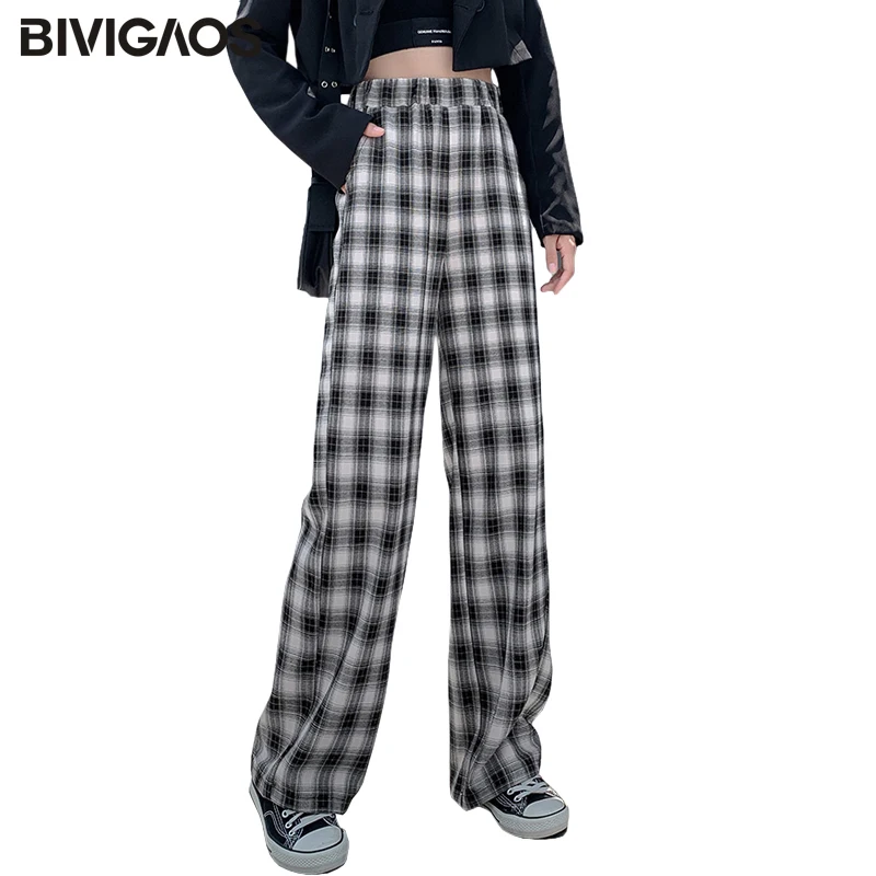 

BIVIGAOS Black White Plaid Casual Pants Women Loose Straight Trousers 2020 Autumn New High Waist Drape Slimming Wide Leg Pants