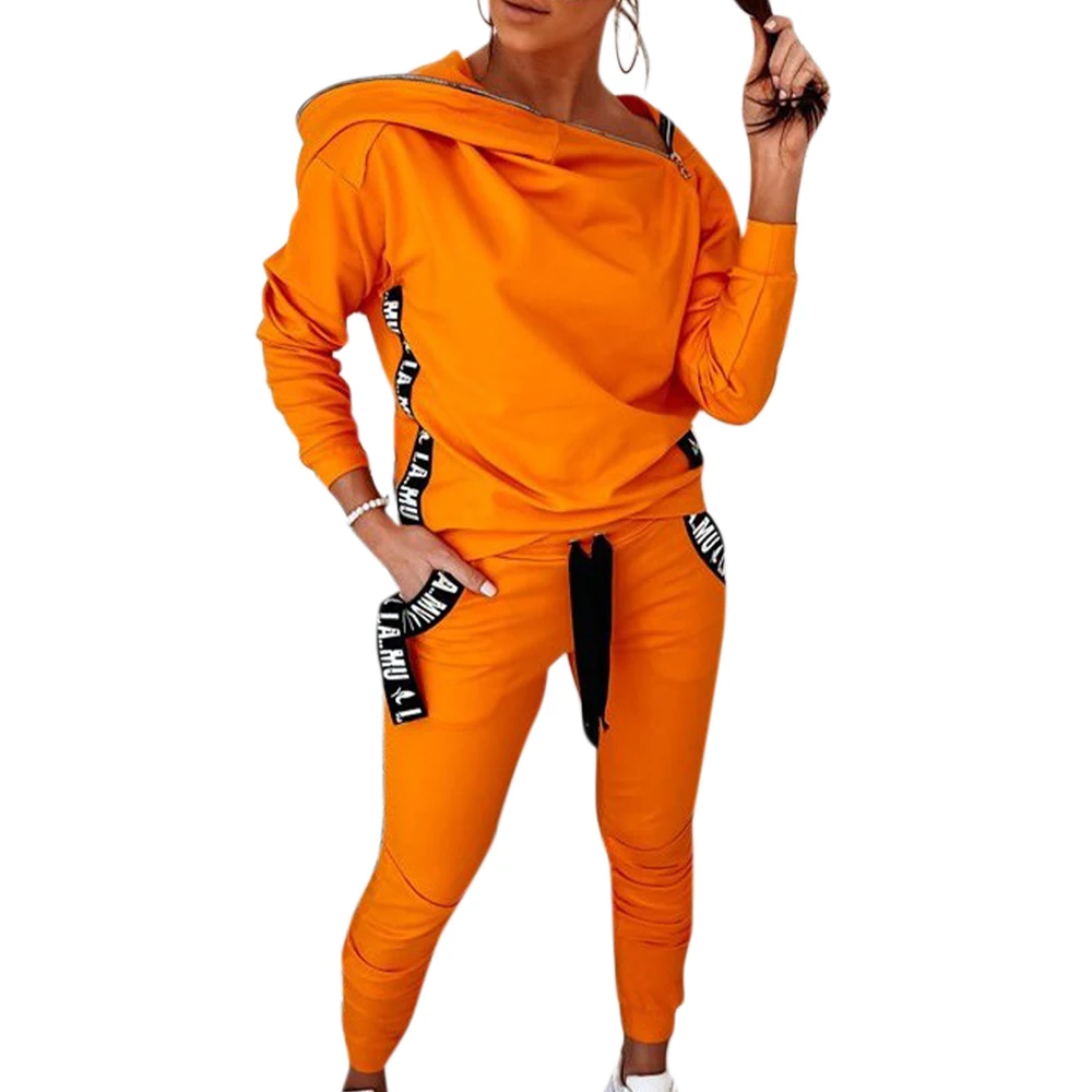 

Autumn Letter Belt Women Tractsuits Solid Color Full Sleeve Hooded Pullover Lace Up Pencil Pants Two Piece Set Ladies Sport Suit
