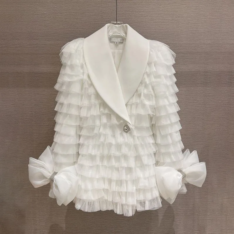 Heavy Diamond White Blazer Women Bow Lace Mesh Stitching Single Button Coat Female Sacos De Mujer De Vestir Abrigo