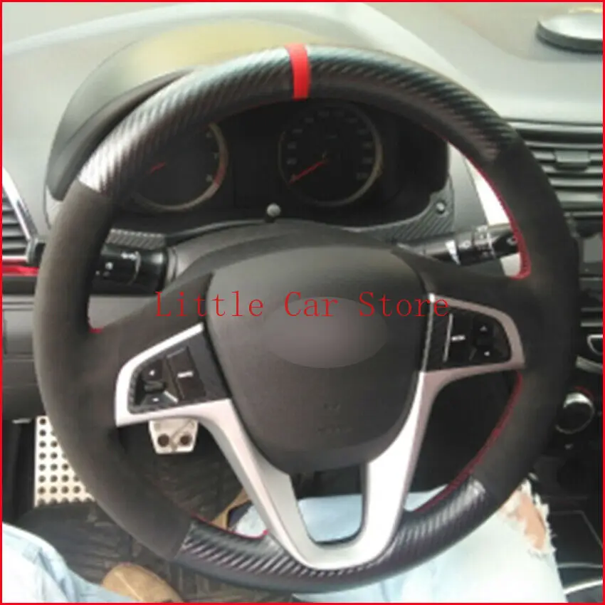

For Hyundai Solaris Verna 2010-16 Hand-stitched Interior Car Steering Wheel Cover Black Carbon Fiber Suede Car Accessories
