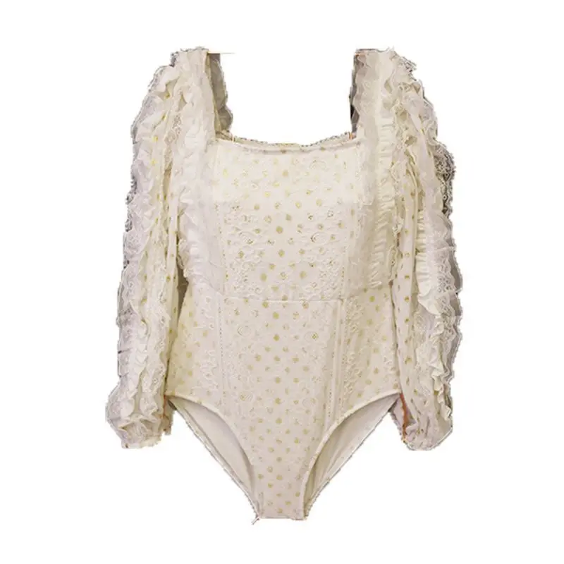 

Korean One Piece Bikini 2020 Women Thong Swimsuit Suit Lace Long Sleeve Bronzing Some Dot Polyester Sierra Surfer Bathing Push