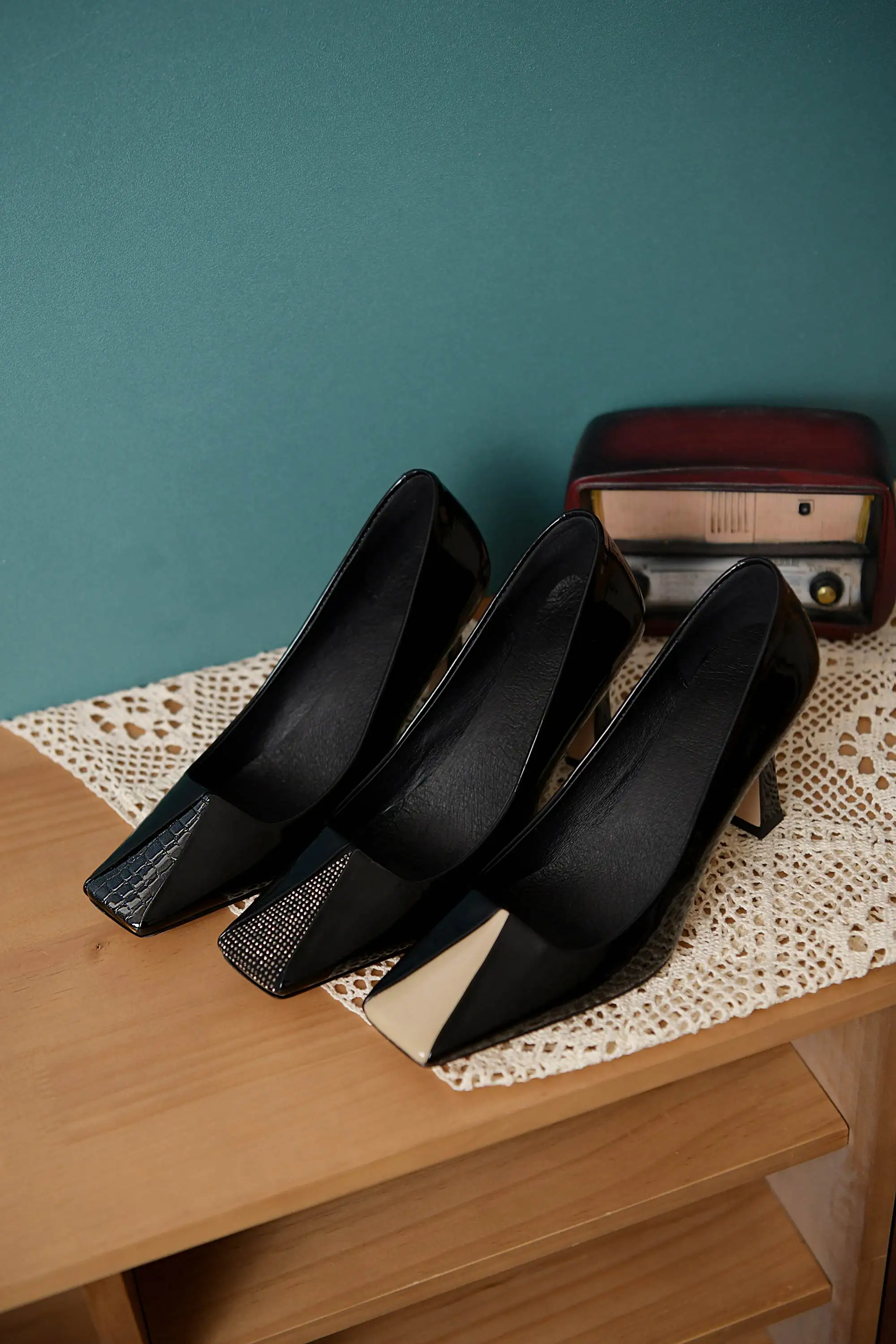 

Lenkisen nightclub fashion genuine leather mixed colors streetwear square toe high heel slip on elegant ladies women pumps L15