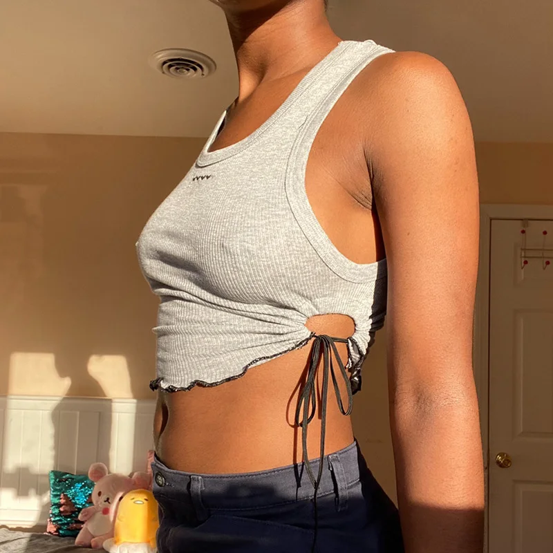 

Women's Clothing Cropped Tops Tank Hollow Tees Tops Mujer Casual O-Neck Navel Top Street Tanks Camis Summer Slim Elastic Blusas