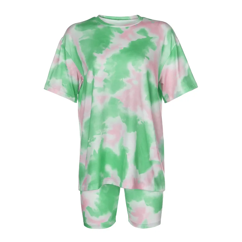 

Summer Tie Dye Print Basic Tshirt Shorts Two Piece Set Women 2020 Casual Outfits Lounge Wear Jogging Femme Biker Shorts Tees