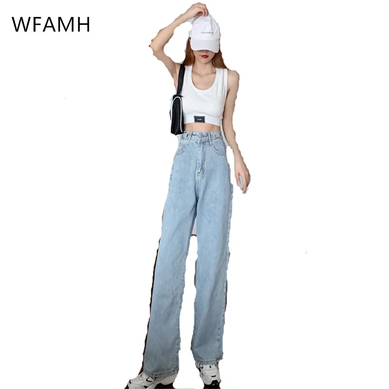 2021 Spring New Fashion High Waist Wide Legs Slim Straight Loose Drape Mopping Pants Women Cotton Polyester Button Pockets