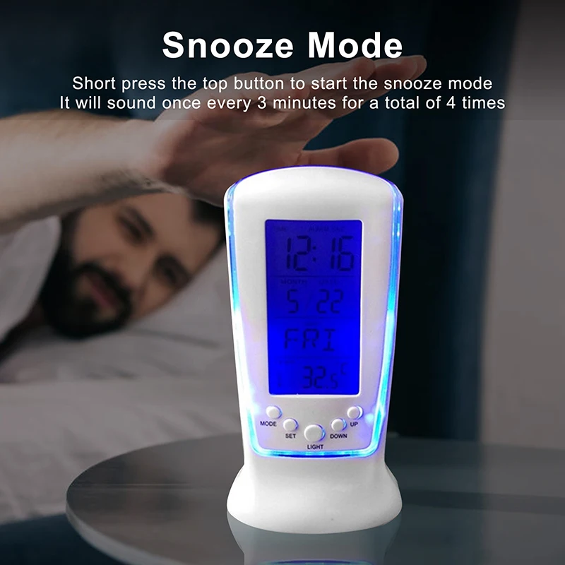 

Mini Digital Alarm Clock LED Backlight Calendar Temperature Thermometer LCD Screen Display Music Chime Electronic Table Clock