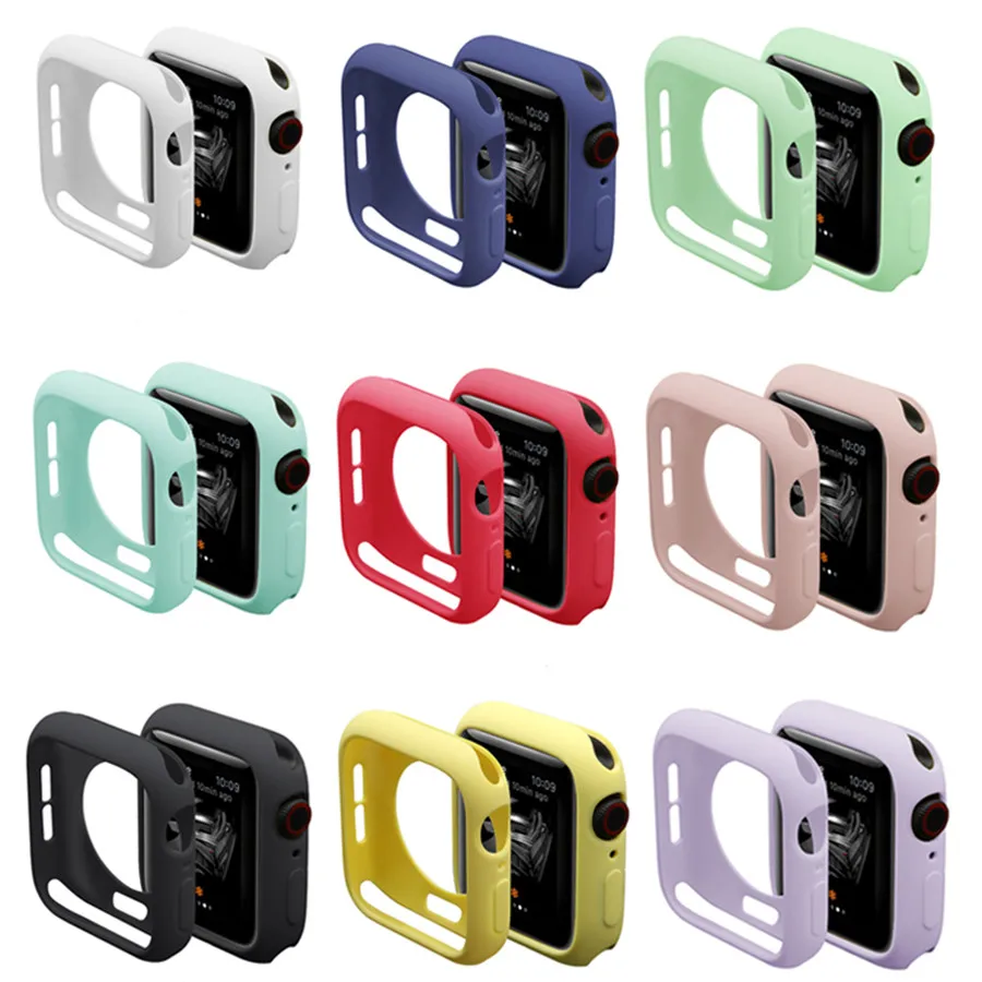 Мягкий силиконовый чехол для Apple Watch Series 5 4 3 2 1 11 цветов защитный бампер с рамкой