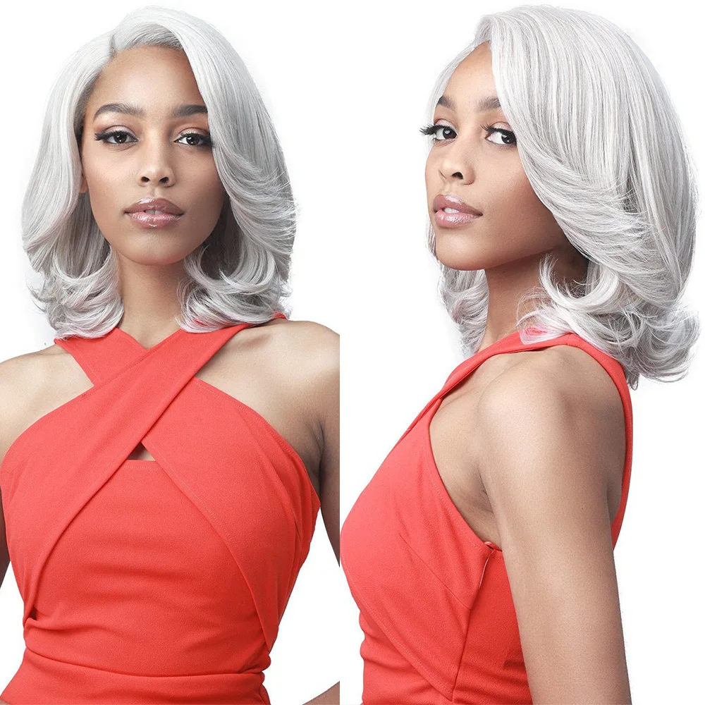 

Medium Wave Silver Grey Synthetic Hair Wigs Heat Resistant Fiber Wigs Wavy Blonde Platinum Wigs For Women With Bangs