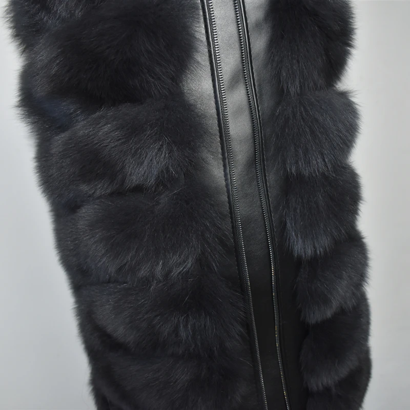 Natural New Genuine Fur Fox Vest Long Fox Fur Sheepskin Hat Coat Sheep Skin Demolished Sleeves Can Detachable Zipper Jacket
