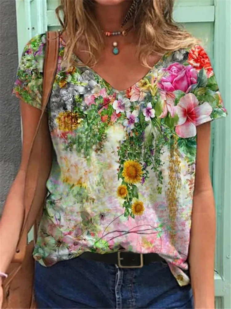 

Summer t Shirt Top Floral Printed Women Short Sleeve V Neck t Shirt Top Tees Casual tshirt Female Tops Women Clothing