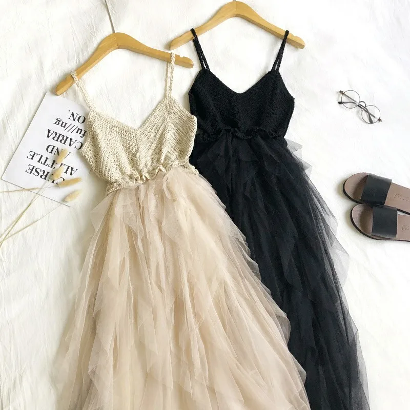 

2021 summer Korean version of the new all-match sling mesh knitted stitching puffy mid-length dress women