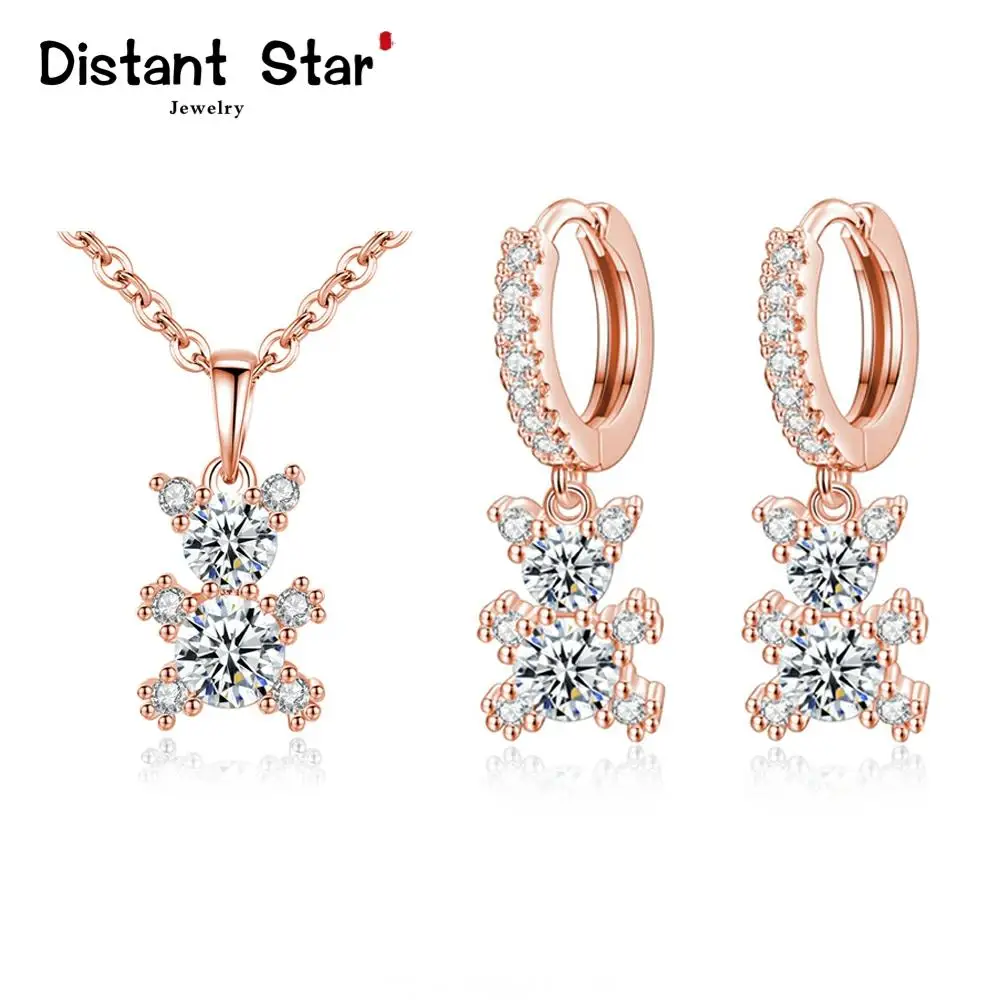 Женские серьги с кулоном в виде милого медведя набор из розового золота