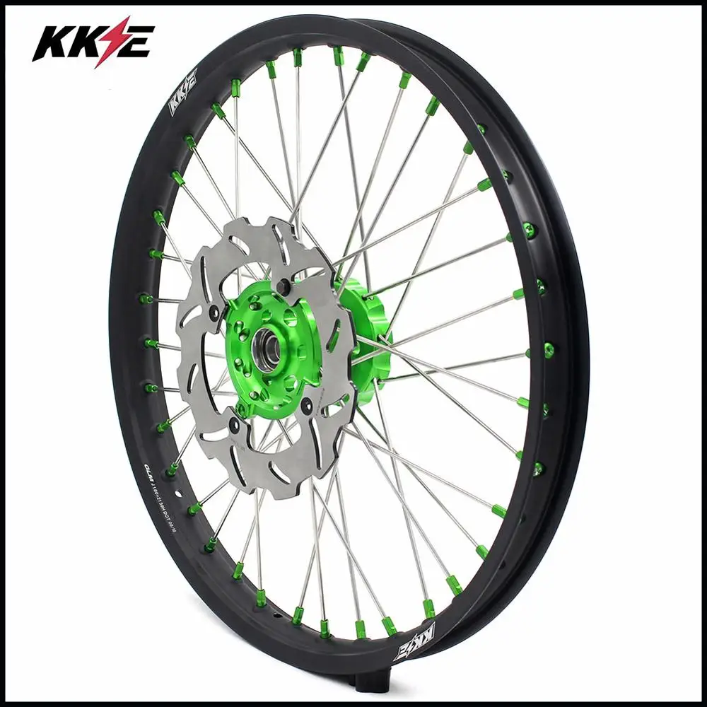 Полный комплект колес KKE 21 &amp 19 MX для Kawasaki KX250F KX450F 2006-2014 Зеленая соска 250 мм диск |