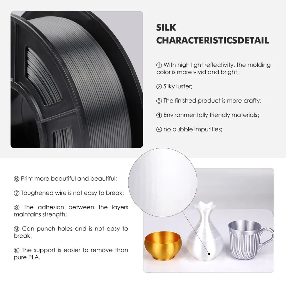 SILK Filament PLA SILK 1kg 2.2 lbs 1.75mm 3D Printer Filament Black color DIY for 3D printing Refills with Vacuum packaging