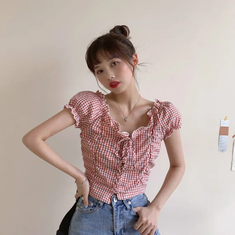 

2020 New Chic Lace-Up Short Sleeve Blouse Women Summer Elegant V-Neck Slim Crop Tops Casual Woman Bandage Shirt