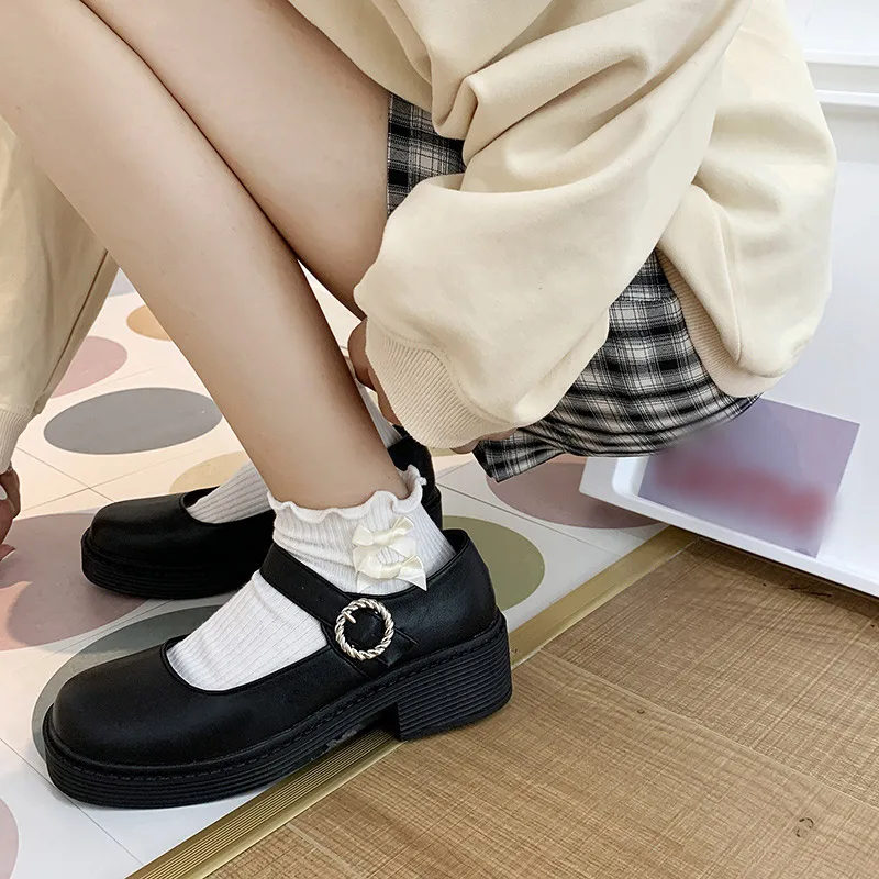 

2021 Women Mary Janes Shoes Vintage PU Leather Japanese Style JK Uniform Thick Bottom Platform Buckle Strap Flat Female Footwear