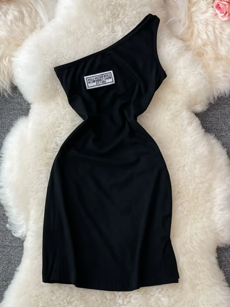 

Sexy One Side Off Shoulder Dress Women 2021 Summer New Fashion Sleeveless Backless Asymmetrical Bodycon Mini Short Dresses