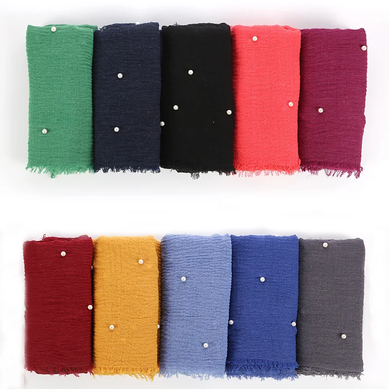

Muslim Fashion women scarf crumpled monochrome pure color high-quality fringe cotton yarn pearl accessories headscarf Female